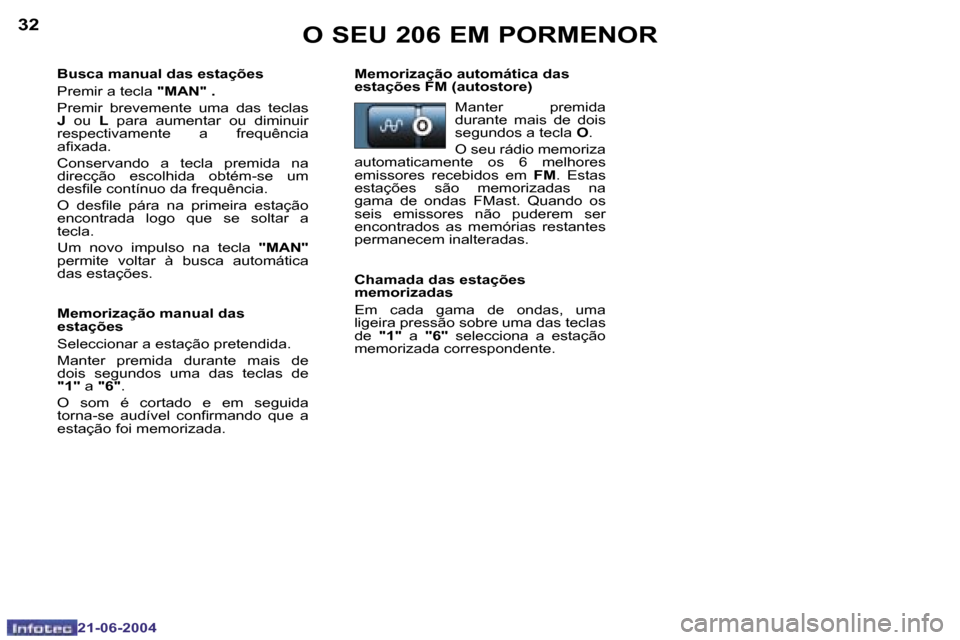 Peugeot 206 CC 2004  Manual do proprietário (in Portuguese) �3�2
�2�1�-�0�6�-�2�0�0�4
�3�3
�2�1�-�0�6�-�2�0�0�4
�O� �S�E�U� �2�0�6� �E�M� �P�O�R�M�E�N�O�R
�B�u�s�c�a� �m�a�n�u�a�l� �d�a�s� �e�s�t�a�ç�õ�e�s 
�P�r�e�m�i�r� �a� �t�e�c�l�a� �"�M�A�N�"� �.
�P�r�e