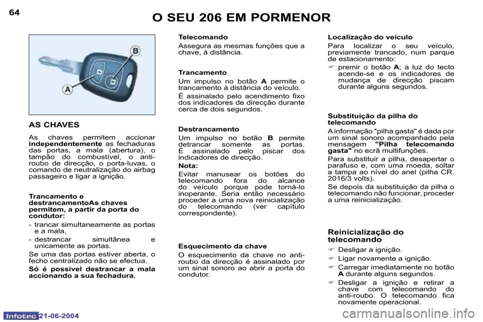 Peugeot 206 CC 2004  Manual do proprietário (in Portuguese) �6�4
�2�1�-�0�6�-�2�0�0�4
�6�5
�2�1�-�0�6�-�2�0�0�4
�O� �S�E�U� �2�0�6� �E�M� �P�O�R�M�E�N�O�R
�A�S� �C�H�A�V�E�S
�A�s�  �c�h�a�v�e�s�  �p�e�r�m�i�t�e�m�  �a�c�c�i�o�n�a�r�  
�i�n�d�e�p�e�n�d�e�n�t�e�
