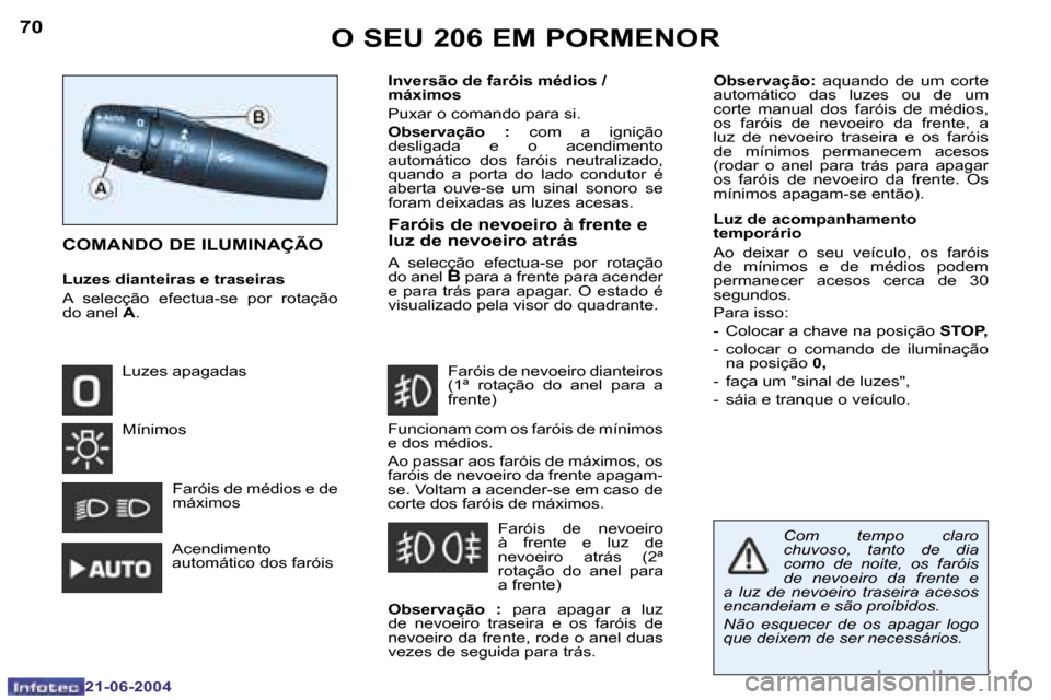 Peugeot 206 CC 2004  Manual do proprietário (in Portuguese) �7�0
�2�1�-�0�6�-�2�0�0�4
�7�1
�2�1�-�0�6�-�2�0�0�4
�O� �S�E�U� �2�0�6� �E�M� �P�O�R�M�E�N�O�R
�O�b�s�e�r�v�a�ç�ã�o�:�  �a�q�u�a�n�d�o�  �d�e�  �u�m�  �c�o�r�t�e� 
�a�u�t�o�m�á�t�i�c�o�  �d�a�s�  �