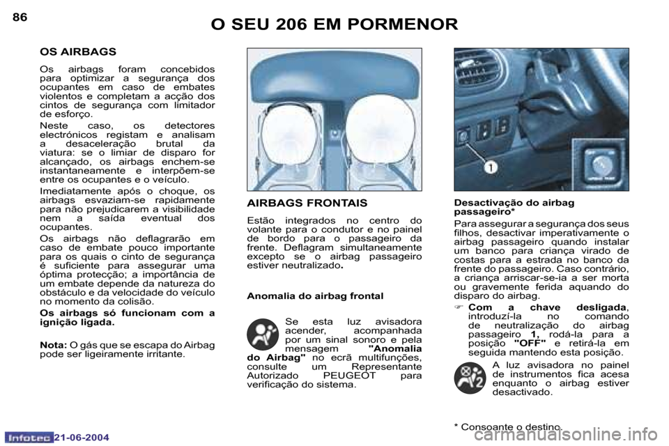 Peugeot 206 CC 2004  Manual do proprietário (in Portuguese) �8�6
�2�1�-�0�6�-�2�0�0�4
�8�7
�2�1�-�0�6�-�2�0�0�4
�O� �S�E�U� �2�0�6� �E�M� �P�O�R�M�E�N�O�R�A�I�R�B�A�G�S� �F�R�O�N�T�A�I�S
�E�s�t�ã�o�  �i�n�t�e�g�r�a�d�o�s�  �n�o�  �c�e�n�t�r�o�  �d�o�  
�v�o�l