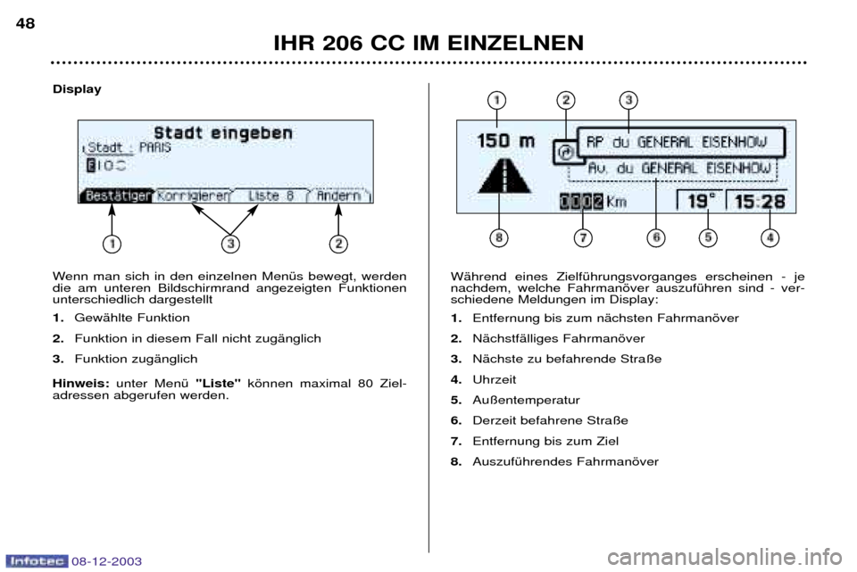 Peugeot 206 CC 2003.5  Betriebsanleitung (in German) IHR 206 CC IM EINZELNEN
WŠhrend eines ZielfŸhrungsvorganges erscheinen - je nachdem, welche Fahrmanšver auszufŸhren sind - ver-schiedene Meldungen im Display: 1.Entfernung bis zum nŠchsten Fahrma