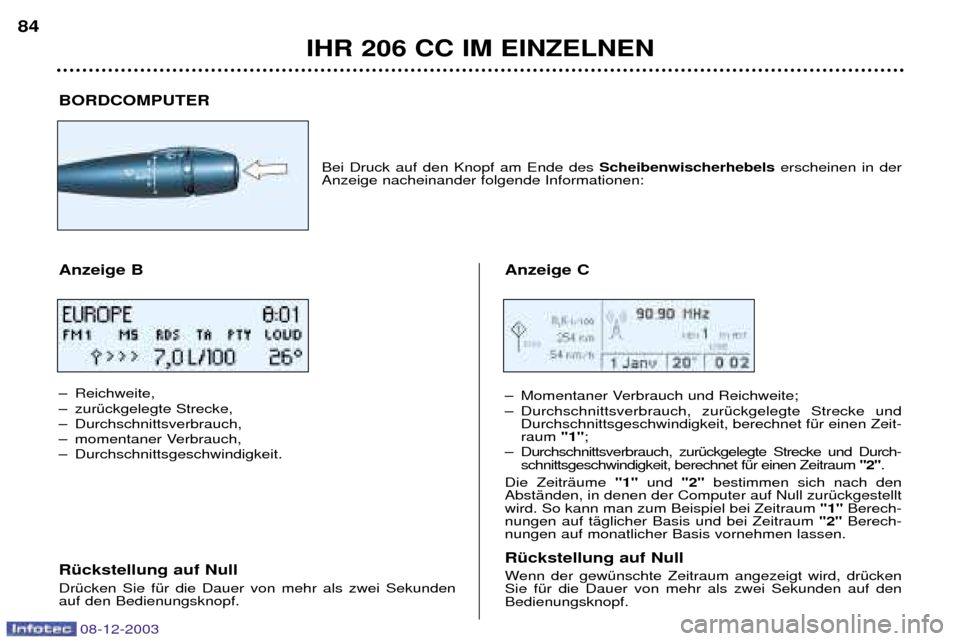 Peugeot 206 CC 2003.5 Betriebsanleitung (in German) IHR 206 CC IM EINZELNEN
84
08-12-2003
BORDCOMPUTER
Bei Druck auf den Knopf am Ende des Scheibenwischerhebelserscheinen in der
Anzeige nacheinander folgende Informationen:
Anzeige B
Ð Reichweite,
Peugeot 206 CC 2003.5 Betriebsanleitung (in German) IHR 206 CC IM EINZELNEN
84
08-12-2003
BORDCOMPUTER
Bei Druck auf den Knopf am Ende des Scheibenwischerhebelserscheinen in der
Anzeige nacheinander folgende Informationen:
Anzeige B
Ð Reichweite,