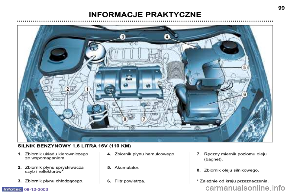 Peugeot 206 CC 2003.5  Instrukcja Obsługi (in Polish) INFORMACJE PRAKTYCZNE99
1.
Zbiornik układu kierowniczego 
ze wspomaganiem.
2. Zbiornik płynu spryskiwacza
szyb i reflektorów*.
3. Zbiornik płynu chłodzącego. 4.
Zbiornik płynu hamulcowego.
5. A