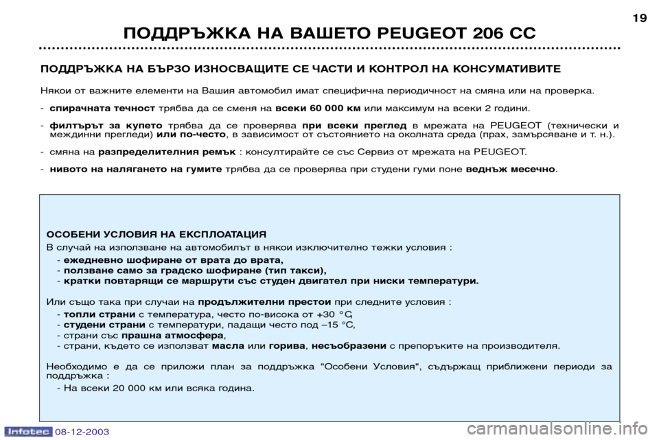 Peugeot 206 CC 2003.5  Ръководство за експлоатация (in Bulgarian) ПОДДРЪЖКА НА ВАШЕТО PEUGEOT 206 CC19
08-12-2003
ПОДДРЪЖКА НА БЪРЗО ИЗНОСВАЩИТЕ СЕ ЧАСТИ И КОНТРОЛ НА КОНСУМАТИВИТЕ 
Някои