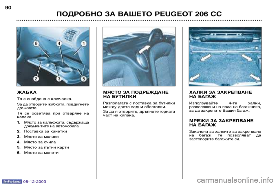 Peugeot 206 CC 2003.5  Ръководство за експлоатация (in Bulgarian) ПОДРОБНО ЗА ВАШЕТО PEUGEOT 206 CC
90
08-12-2003
ЖАБКА
Тя е снабдена с ключалка. 
За да отворите жабката, повдигнете 
дръжка