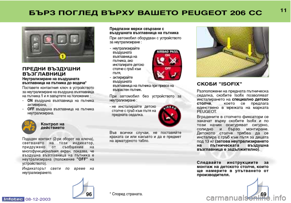 Peugeot 206 CC 2003.5  Ръководство за експлоатация (in Bulgarian) 08-12-2003
11БЪРЗ ПОГЛЕД ВЪРХУ ВАШЕТО PEUGEOT 206 CC
9669
ПРЕДНИ ВЪЗДУШНИ ВЪЗГЛАВНИЦИ
Неутрализиране на въздушната 
възгла