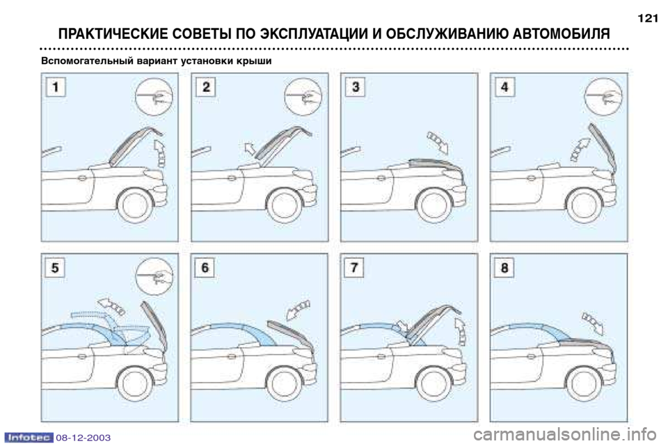 Peugeot 206 CC 2003.5  Инструкция по эксплуатации (in Russian) ПРАКТИЧЕСКИЕ СОВЕТЫ ПО ЭКСПЛУАТАЦИИ И ОБСЛУЖИВАНИЮ АВТОМОБИЛЯ
121
Вспомогательный вариант установки крыши
08-