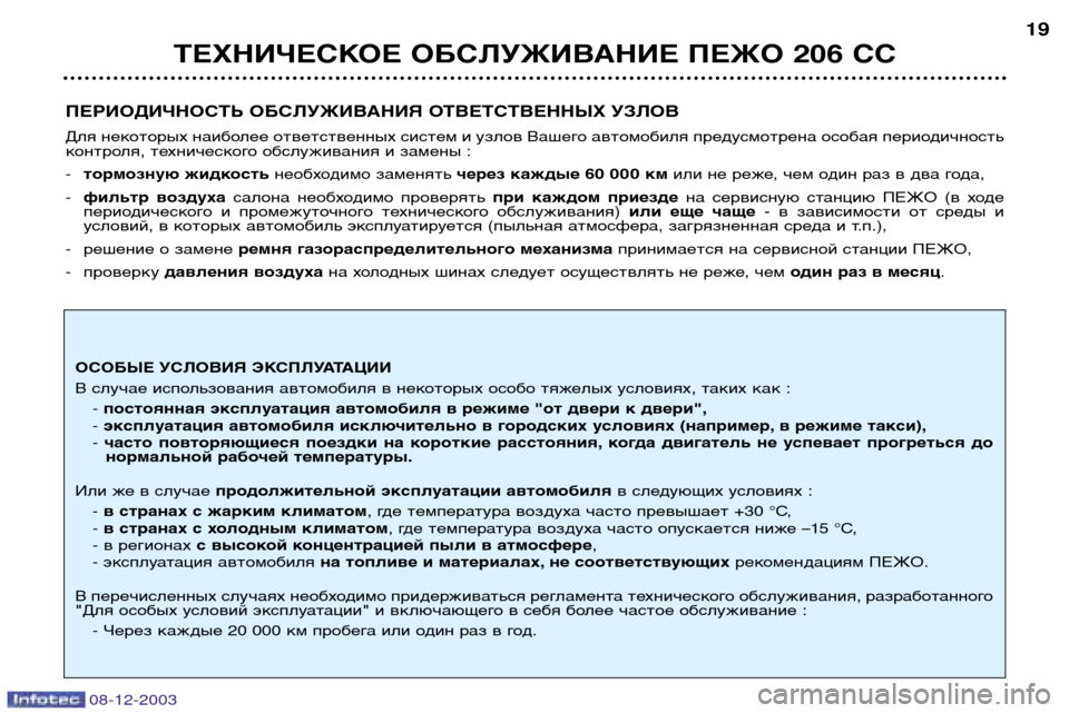 Peugeot 206 CC 2003.5  Инструкция по эксплуатации (in Russian) ТЕХНИЧЕСКОЕ ОБСЛУЖИВАНИЕ ПЕЖО 206 СС19
08-12-2003
ПЕРИОДИЧНОСТЬ ОБСЛУЖИВАНИЯ ОТВЕТСТВЕННЫХ УЗЛОВ 
Для некоторых на