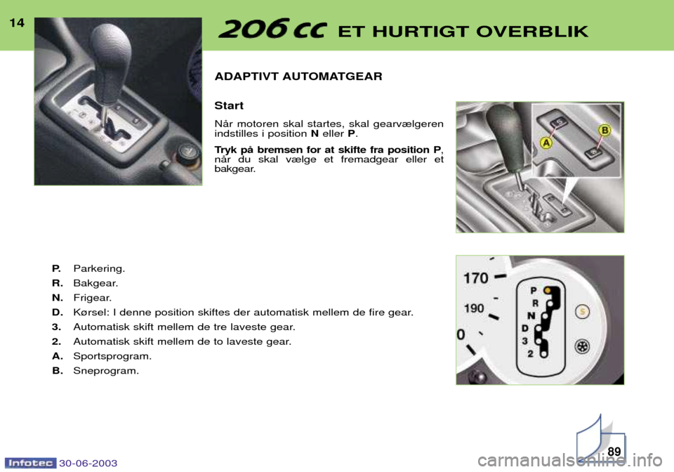 Peugeot 206 CC 2003  Instruktionsbog (in Danish) 30-06-2003
ADAPTIVT AUTOMATGEAR Start NŒr motoren skal startes, skal gearv¾lgeren indstilles i position Neller  P.
Tryk pŒ bremsen for at skifte fra position P ,
nŒr du skal v¾lge et fremadgear e
