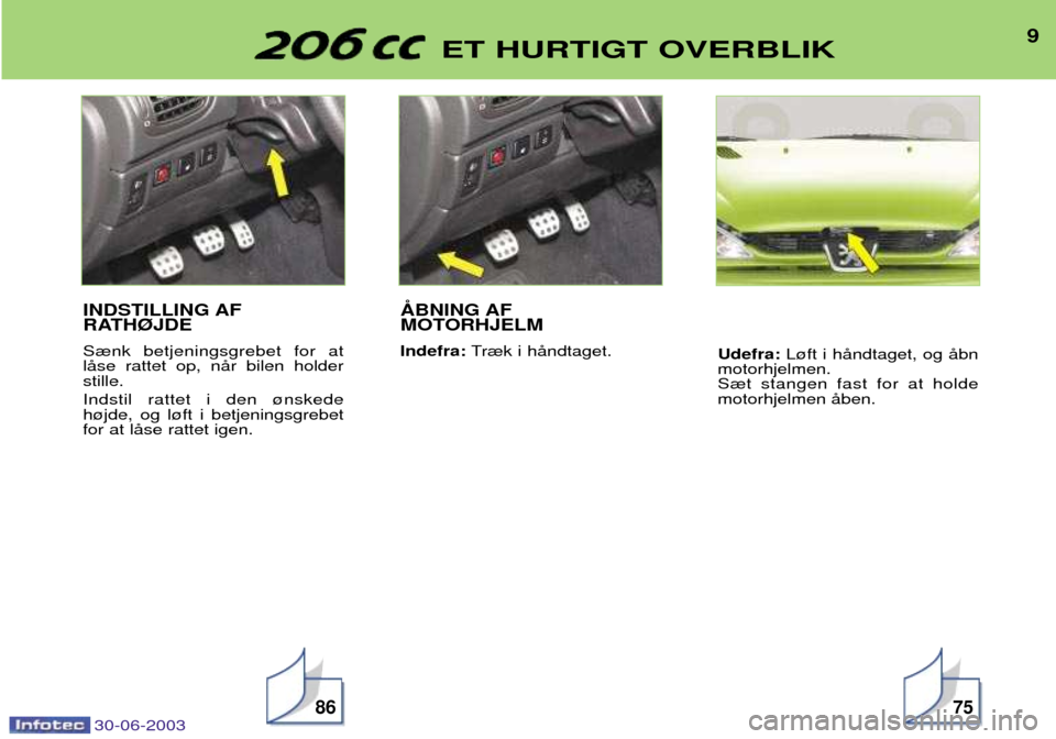 Peugeot 206 CC 2003  Instruktionsbog (in Danish) 30-06-2003
9ET HURTIGT OVERBLIK
8675
INDSTILLING AF 
RATH¯JDE S¾nk betjeningsgrebet for at lŒse rattet op, nŒr bilen holderstille. Indstil rattet i den ¿nskede h¿jde, og l¿ft i betjeningsgrebet