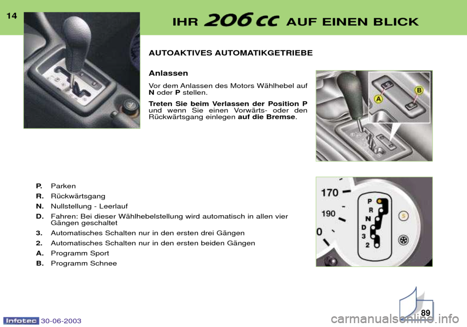 Peugeot 206 CC 2003  Betriebsanleitung (in German) 30-06-2003
AUTOAKTIVES AUTOMATIKGETRIEBE  Anlassen 
Vor dem Anlassen des Motors WŠhlhebel auf Noder  Pstellen. 
Treten Sie beim Verlassen der Position P
und wenn Sie einen VorwŠrts- oder denRŸckwŠ
