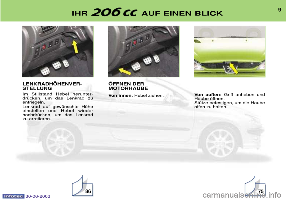 Peugeot 206 CC 2003  Betriebsanleitung (in German) 30-06-2003
9IHR  AUF EINEN BLICK
8675
LENKRADH…HENVER- STELLUNG  Im Stillstand Hebel herunter- drŸcken, um das Lenkrad zuentriegeln. Lenkrad auf gewŸnschte Hšhe einstellen und Hebel wiederhochdr