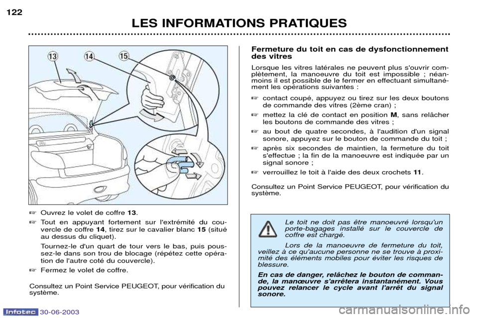 Peugeot 206 CC 2003  Manuel du propriétaire (in French) 30-06-2003
LES INFORMATIONS PRATIQUES
122
Le toit ne doit pas  porte-bagages installŽ sur le couvercle decoffre est chargŽ. Lors de la manoeuvre de fermeture du toit,
veillez ˆ ce quaucune personn