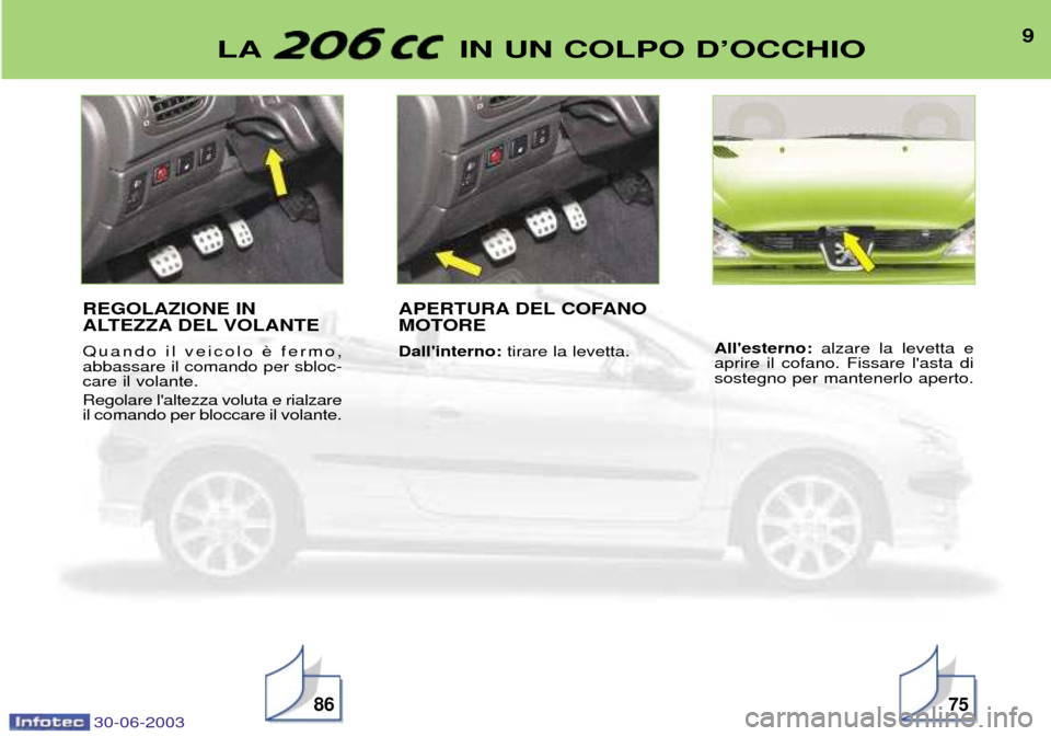 Peugeot 206 CC 2003  Manuale del proprietario (in Italian) 30-06-2003
9LA IN UN COLPO DÕOCCHIO
8675
REGOLAZIONE IN 
ALTEZZA DEL VOLANTE 
Quando il veicolo  fermo, abbassare il comando per sbloc-care il volante. Regolare laltezza voluta e rialzare il comando