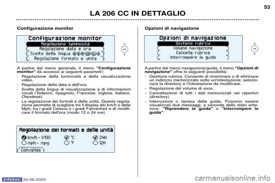 Peugeot 206 CC 2003  Manuale del proprietario (in Italian) 30-06-2003
LA 206 CC IN DETTAGLIO
53
Configurazione monitor 
A partire dal men"Configurazione
monitor" dˆ accesso ai seguenti parametri:
- Regolazione della luminositˆ e della visualizzazione video.