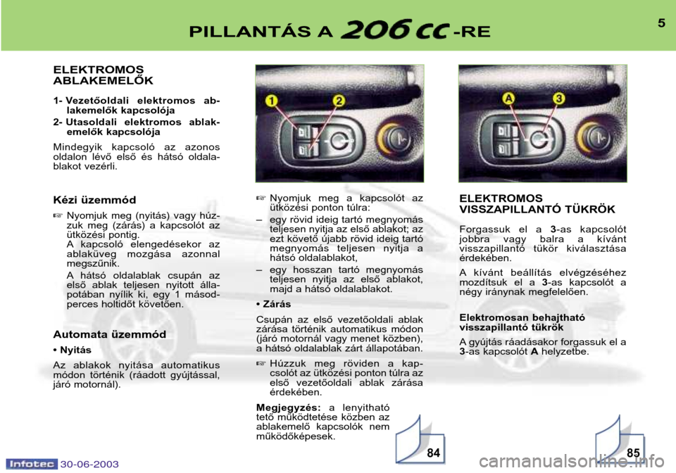 Peugeot 206 CC 2003 Kezelési útmutató (in Hungarian) 30-06-20038584
5PILLANTÁS A -RE
ELEKTROMOS ABLAKEMELŐK
1- Vezetőoldali elektromos ab-lakemelők kapcsolója
2- Utasoldali elektromos ablak- emelők kapcsolója
Mindegyik kapcsoló az azonos Peugeot 206 CC 2003 Kezelési útmutató (in Hungarian) 30-06-20038584
5PILLANTÁS A -RE
ELEKTROMOS ABLAKEMELŐK
1- Vezetőoldali elektromos ab-lakemelők kapcsolója
2- Utasoldali elektromos ablak- emelők kapcsolója
Mindegyik kapcsoló az azonos