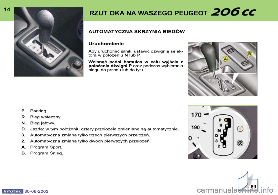Peugeot 206 CC 2003  Instrukcja Obsługi (in Polish) 30-06-2003
AUTOMATYCZNA SKRZYNIA BIEGÓW Uruchomienie 
Aby uruchomić silnik, ustawić dźwignię selek- 
tora w położeniu Nlub  P.
Wcisnąć  pedał  hamulca  w  celu  wyjścia  z
położenia dźwi