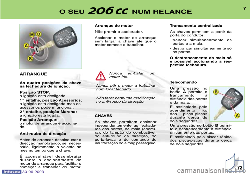 Peugeot 206 CC 2003 Manual do proprietário (in Portuguese) 30-06-2003
7O SEU NUM RELANCE
72
Arranque do motor
N‹o premir o acelerador.Accionar o motor de arranque sem largar a chave atŽ que o
motor comece a trabalhar.
CHAVES As chaves permitem accionar Peugeot 206 CC 2003 Manual do proprietário (in Portuguese) 30-06-2003
7O SEU NUM RELANCE
72
Arranque do motor
N‹o premir o acelerador.Accionar o motor de arranque sem largar a chave atŽ que o
motor comece a trabalhar.
CHAVES As chaves permitem accionar