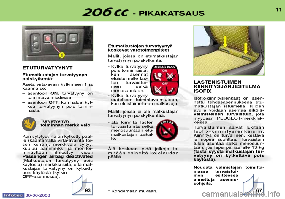 Peugeot 206 CC 2003 Omistajan käsikirja (in Finnish) 30-06-2003
11- PIKAKATSAUS
9367
ETUTURVATYYNYT Etumatkustajan turvatyynyn poiskytkentŠ* Aseta virta-avain kytkimeen 1ja
kŠŠnnŠ se:
Ð asentoon ON, turvatyyny on
toimintavalmiudessa
Ð asentoon Peugeot 206 CC 2003 Omistajan käsikirja (in Finnish) 30-06-2003
11- PIKAKATSAUS
9367
ETUTURVATYYNYT Etumatkustajan turvatyynyn poiskytkentŠ* Aseta virta-avain kytkimeen 1ja
kŠŠnnŠ se:
Ð asentoon ON, turvatyyny on
toimintavalmiudessa
Ð asentoon