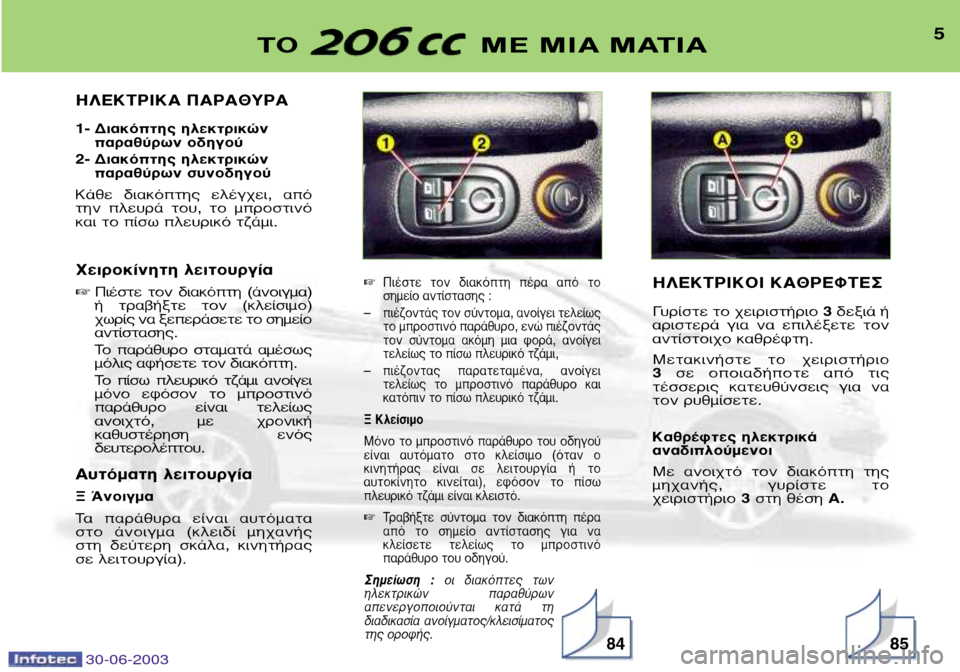 Peugeot 206 CC 2003  Εγχειρίδιο χρήσης (in Greek) 30-06-20038584
5∆√  ª∂ ªπ∞ ª∞∆π∞
∏§∂∫∆ƒπ∫∞ ¶∞ƒ∞£Àƒ∞ 
1- ¢È·ÎﬁÙË˜ ËÏÂÎÙÚÈÎÒÓ·Ú·ı‡ÚˆÓ Ô‰ËÁÔ‡
2- ¢È·ÎﬁÙË