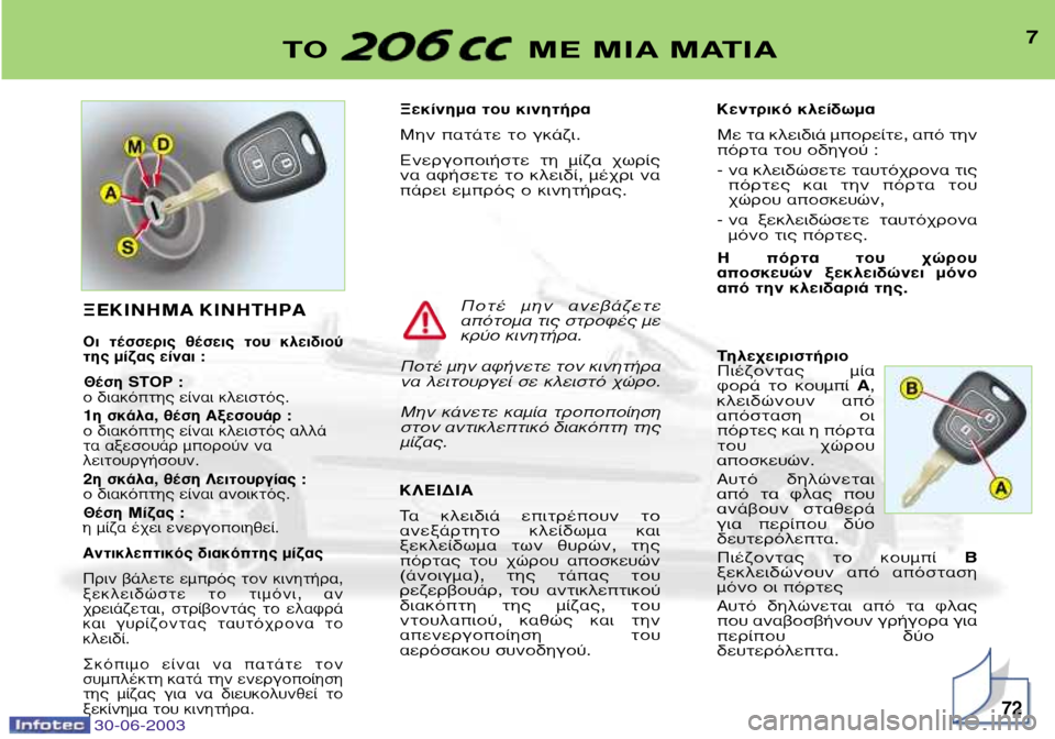 Peugeot 206 CC 2003  Εγχειρίδιο χρήσης (in Greek) 7∆√  ª∂ ªπ∞ ª∞∆π∞
72
•ÂÎ›ÓËÌ· ÙÔ˘ ÎÈÓËÙ‹Ú· 
ªËÓ ·Ù¿ÙÂ ÙÔ ÁÎ¿˙È.
∂ÓÂÚÁÔÔÈ‹ÛÙÂ  ÙË  Ì›˙·  ¯ˆÚ›˜ 
Ó· ·Ê‹ÛÂ