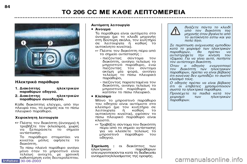 Peugeot 206 CC 2003 Εγχειρίδιο χρήσης (in Greek) 30-06-2003
∆√ 206 CC ª∂ ∫∞£∂ §∂¶∆√ª∂ƒ∂π∞
84
∏ÏÂÎÙÚÈο ·Ú¿ı˘Ú·
1. ¢È·ÎfiÙ˘ ËÏÂÎÙÚÈÎÒÓ
·Ú·ı‡ÚˆÓ Ô‰ËÁÔ‡.
2. Peugeot 206 CC 2003 Εγχειρίδιο χρήσης (in Greek) 30-06-2003
∆√ 206 CC ª∂ ∫∞£∂ §∂¶∆√ª∂ƒ∂π∞
84
∏ÏÂÎÙÚÈο ·Ú¿ı˘Ú·
1. ¢È·ÎfiÙ˘ ËÏÂÎÙÚÈÎÒÓ
·Ú·ı‡ÚˆÓ Ô‰ËÁÔ‡.
2.