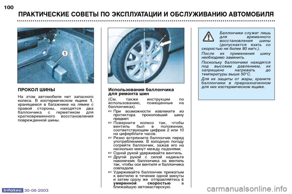 Peugeot 206 CC 2003  Инструкция по эксплуатации (in Russian) 30-06-2003
ПРАКТИЧЕСКИЕ СОВЕТЫ ПО ЭКСПЛУАТАЦИИ И ОБСЛУЖИВАНИЮ АВТОМОБИЛЯ
100
ПРОКОЛ ШИНЫ 
На  этом  автомобиле  нет 