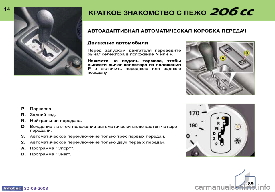 Peugeot 206 CC 2003  Инструкция по эксплуатации (in Russian) 30-06-2003
АВТОАДАПТИВНАЯ АВТОМАТИЧЕСКАЯ КОРОБКА ПЕРЕДАЧ 
Движение автомобиля 
Перед  запуском  двигателя  перев
