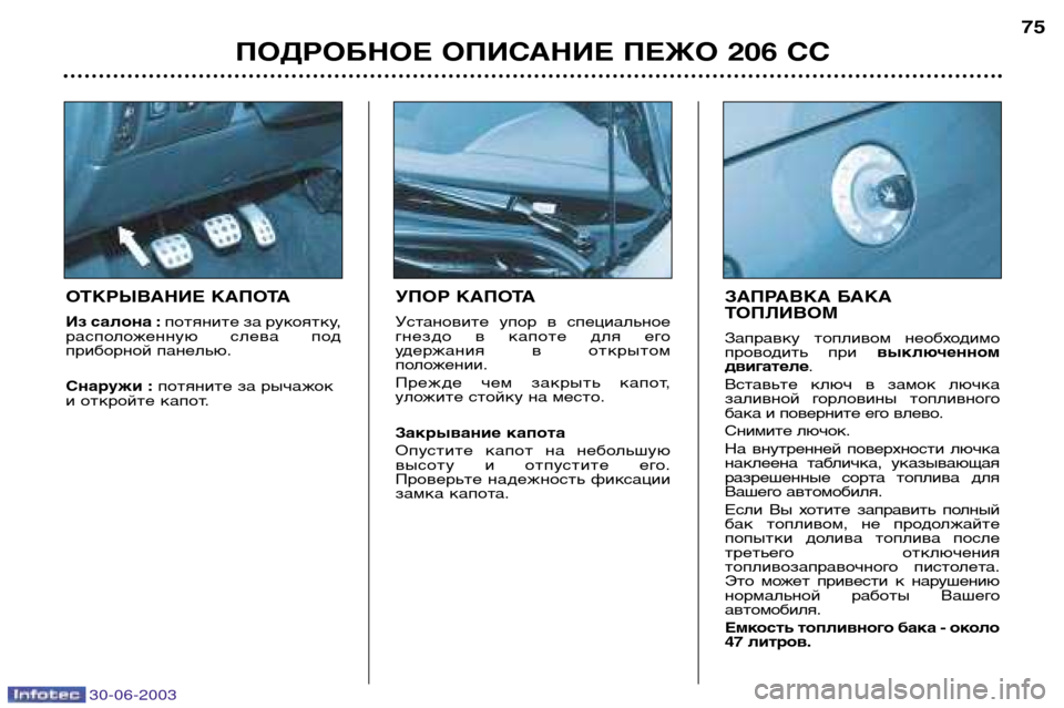 Peugeot 206 CC 2003  Инструкция по эксплуатации (in Russian) 30-06-2003
ПОДРОБНОЕ ОПИСАНИЕ ПЕЖО 206 СС75
УПОР КАПОТА 
Установите  упор  в  специальное 
гнездо  в  капоте  для  его
у