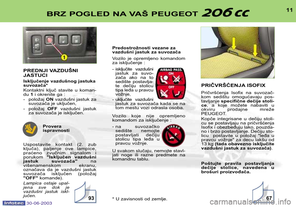 Peugeot 206 CC 2003 Упутство за употребу (in Serbian) 30-06-2003
11BRZ POGLED NA VAŠ PEUGEOT
9367
PREDNJI VAZDUŠNI JASTUCI
Isključenje vazdušnog jastuka suvozača*
Kontaktni ključ stavite u koman- du 1i okrenite ga :
- položaj ONvazdušni Peugeot 206 CC 2003 Упутство за употребу (in Serbian) 30-06-2003
11BRZ POGLED NA VAŠ PEUGEOT
9367
PREDNJI VAZDUŠNI JASTUCI
Isključenje vazdušnog jastuka suvozača*
Kontaktni ključ stavite u koman- du 1i okrenite ga :
- položaj ONvazdušni