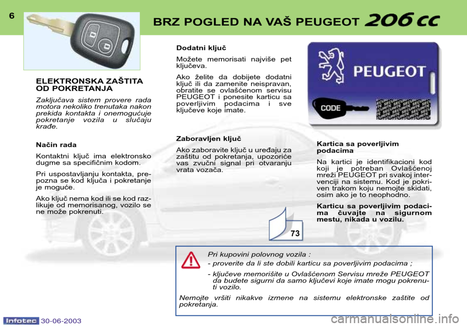 Peugeot 206 CC 2003 Упутство за употребу (in Serbian) 30-06-2003
6BRZ POGLED NA VAŠ PEUGEOT
Pri kupovini polovnog vozila :
- proverite da li ste dobili karticu sa poverljivim podacima ;
- ključeve memorišite u Ovlašćenom Servisu mreže PEUGEOTda Peugeot 206 CC 2003 Упутство за употребу (in Serbian) 30-06-2003
6BRZ POGLED NA VAŠ PEUGEOT
Pri kupovini polovnog vozila :
- proverite da li ste dobili karticu sa poverljivim podacima ;
- ključeve memorišite u Ovlašćenom Servisu mreže PEUGEOTda