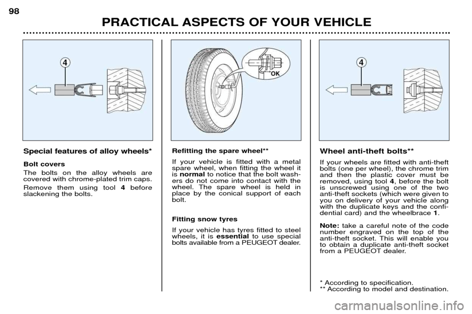 Peugeot 206 CC 2001.5  Owners Manual PRACTICAL ASPECTS OF YOUR VEHICLE
98
Special features of alloy wheels* Bolt covers The bolts on the alloy wheels are  covered with chrome-plated trim caps. Remove them using tool 
4before
slackening t
