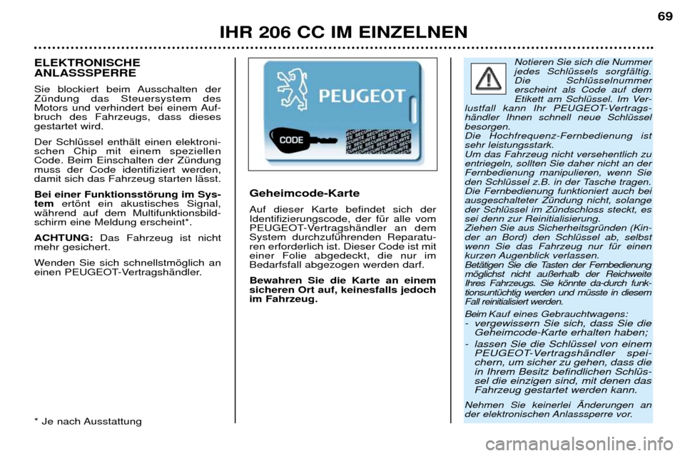 Peugeot 206 CC 2001.5 Betriebsanleitung (in German) IHR 206 CC IM EINZELNEN69
Notieren Sie sich die Nummer jedes SchlŸssels sorgfŠltig.Die SchlŸsselnummererscheint als Code auf dem
Etikett am SchlŸssel. Im Ver-
lustfall kann Ihr PEUGEOT-Vertrags-h Peugeot 206 CC 2001.5 Betriebsanleitung (in German) IHR 206 CC IM EINZELNEN69
Notieren Sie sich die Nummer jedes SchlŸssels sorgfŠltig.Die SchlŸsselnummererscheint als Code auf dem
Etikett am SchlŸssel. Im Ver-
lustfall kann Ihr PEUGEOT-Vertrags-h