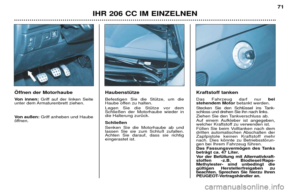 Peugeot 206 CC 2001.5 Betriebsanleitung (in German) IHR 206 CC IM EINZELNEN71
HaubenstŸtze Befestigen Sie die StŸtze, um die
Haube offen zu halten. Legen Sie die StŸtze vor dem Schlie§en der Motorhaube wieder indie Halterung zurŸck. Schlie§en Peugeot 206 CC 2001.5 Betriebsanleitung (in German) IHR 206 CC IM EINZELNEN71
HaubenstŸtze Befestigen Sie die StŸtze, um die
Haube offen zu halten. Legen Sie die StŸtze vor dem Schlie§en der Motorhaube wieder indie Halterung zurŸck. Schlie§en