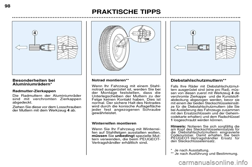 Peugeot 206 CC 2001.5 Betriebsanleitung (in German) PRAKTISCHE TIPPS
98
Besonderheiten bei AluminiumrŠdern* Radmutter-Zierkappen
Die Radmuttern der AluminiumrŠder sind mit verchromten Zierkappenabgedeckt. Ziehen Sie diese vor dem Losschrauben
der Peugeot 206 CC 2001.5 Betriebsanleitung (in German) PRAKTISCHE TIPPS
98
Besonderheiten bei AluminiumrŠdern* Radmutter-Zierkappen
Die Radmuttern der AluminiumrŠder sind mit verchromten Zierkappenabgedeckt. Ziehen Sie diese vor dem Losschrauben
der