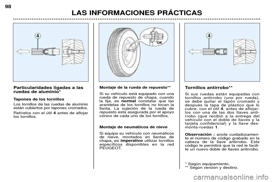 Peugeot 206 CC 2001.5 Manual del propietario (in Spanish) LAS INFORMACIONES PRçCTICAS
98
Particularidades ligadas a las ruedas de aluminio*
Tapones de los tornillos Los tornillos de las ruedas de aluminio est‡n cubiertos por tapones cromados. Ret’relo Peugeot 206 CC 2001.5 Manual del propietario (in Spanish) LAS INFORMACIONES PRçCTICAS
98
Particularidades ligadas a las ruedas de aluminio*
Tapones de los tornillos Los tornillos de las ruedas de aluminio est‡n cubiertos por tapones cromados. Ret’relo