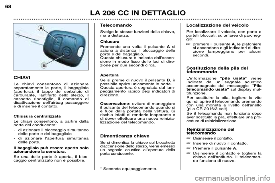 Peugeot 206 CC 2001.5 Manuale del proprietario (in Italian) LA 206 CC IN DETTAGLIO
68
Sostituzione della pila del telecomando Linformazione "pila usata"viene
indicata da un segnale acustico accompagnato dal messaggio "Pila
telecomando usata" sul display mul Peugeot 206 CC 2001.5 Manuale del proprietario (in Italian) LA 206 CC IN DETTAGLIO
68
Sostituzione della pila del telecomando Linformazione "pila usata"viene
indicata da un segnale acustico accompagnato dal messaggio "Pila
telecomando usata" sul display mul
