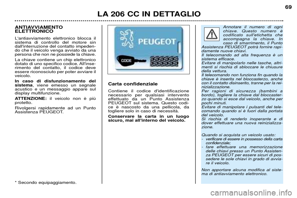 Peugeot 206 CC 2001.5 Manuale del proprietario (in Italian) LA 206 CC IN DETTAGLIO
69
Annotare il numero di ogni chiave. Questo numero codificato sulletichetta cheaccompagna la chiave. Incaso di smarrimento, il Punto
Assistenza PEUGEOT potrˆ fornire rapi-dam Peugeot 206 CC 2001.5 Manuale del proprietario (in Italian) LA 206 CC IN DETTAGLIO
69
Annotare il numero di ogni chiave. Questo numero codificato sulletichetta cheaccompagna la chiave. Incaso di smarrimento, il Punto
Assistenza PEUGEOT potrˆ fornire rapi-dam