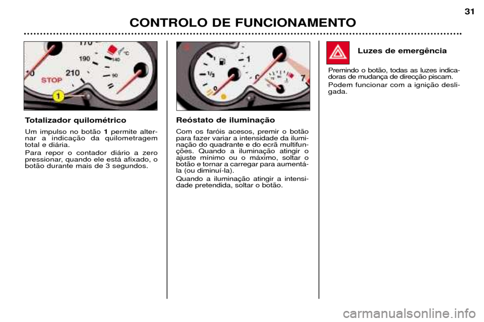Peugeot 206 CC 2001.5  Manual do proprietário (in Portuguese) CONTROLO DE FUNCIONAMENTO
31
Luzes de emergncia
Premindo o bot‹o, todas as luzes indica- doras de mudan Podem funcionar com a igni gada.
Totalizador quilom Žtrico
Um impulso no bot‹o  1permite al