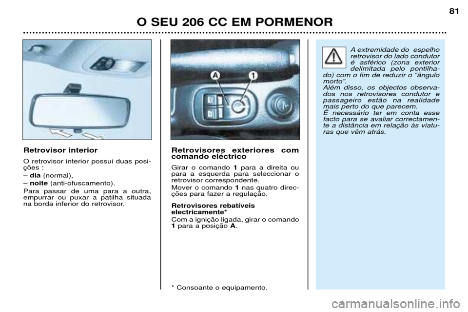 Peugeot 206 CC 2001.5  Manual do proprietário (in Portuguese) O SEU 206 CC EM PORMENOR
81
Retrovisor interior O retrovisor interior possui duas posi-  Ð dia (normal),
Ð  noite (anti-ofuscamento).
Para passar de uma para a outra, empurrar ou puxar a patilha sit