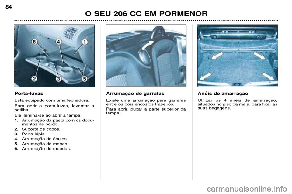 Peugeot 206 CC 2001.5  Manual do proprietário (in Portuguese) O SEU 206 CC EM PORMENOR
84
Porta-luvas Est‡ equipado com uma fechadura. Para abrir o porta-luvas, levantar a patilha. Ele ilumina-se ao abrir a tampa. 1.Arruma mentos de bordo.
2. Suporte de copos.