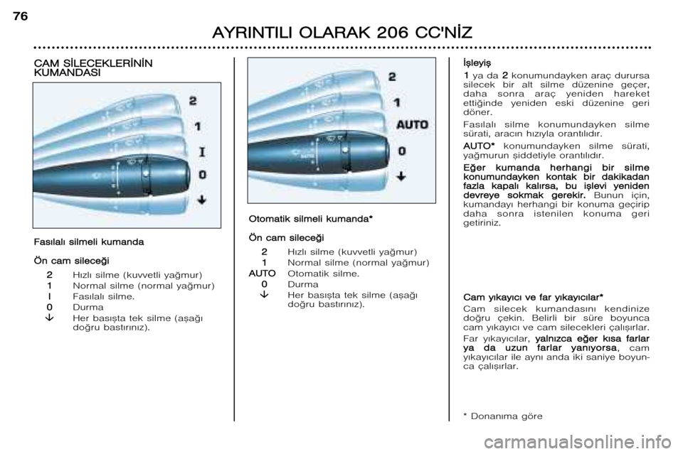 Peugeot 206 CC 2001.5  Kullanım Kılavuzu (in Turkish) A
A Y
Y R
R I
I N
N T
T I
I L
L I
I  O O L
L A
A R
R A
A K
K  22 0
0 6
6  CC C
C 
 N
N ¬
¬ Z
Z
76
* Donan€ma göre C
C a
a m
m  yy €
€ k
k a
a y
y €
€ c
c €
€  v v e
e  ffa
a r
r  y 