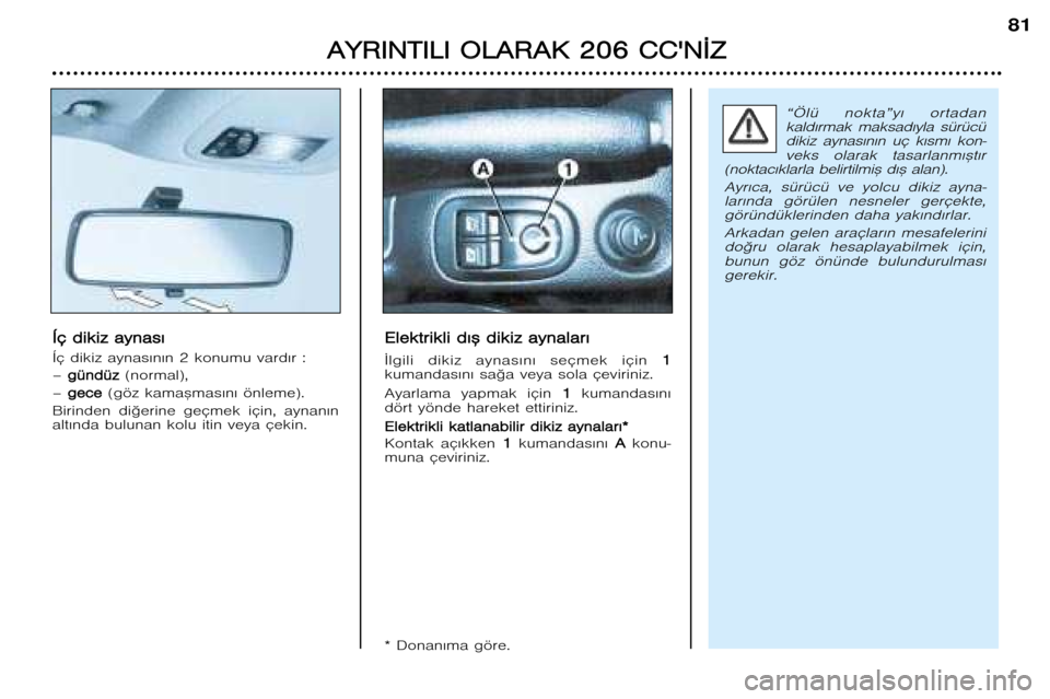 Peugeot 206 CC 2001.5  Kullanım Kılavuzu (in Turkish) A
A Y
Y R
R I
I N
N T
T I
I L
L I
I  O O L
L A
A R
R A
A K
K  22 0
0 6
6  CC C
C 
 N
N ¬
¬ Z
Z
81
“Ölü  nokta”y€  ortadan
kald€rmak  maksad€yla  sürücüdikiz  aynas€n€n  uç  k