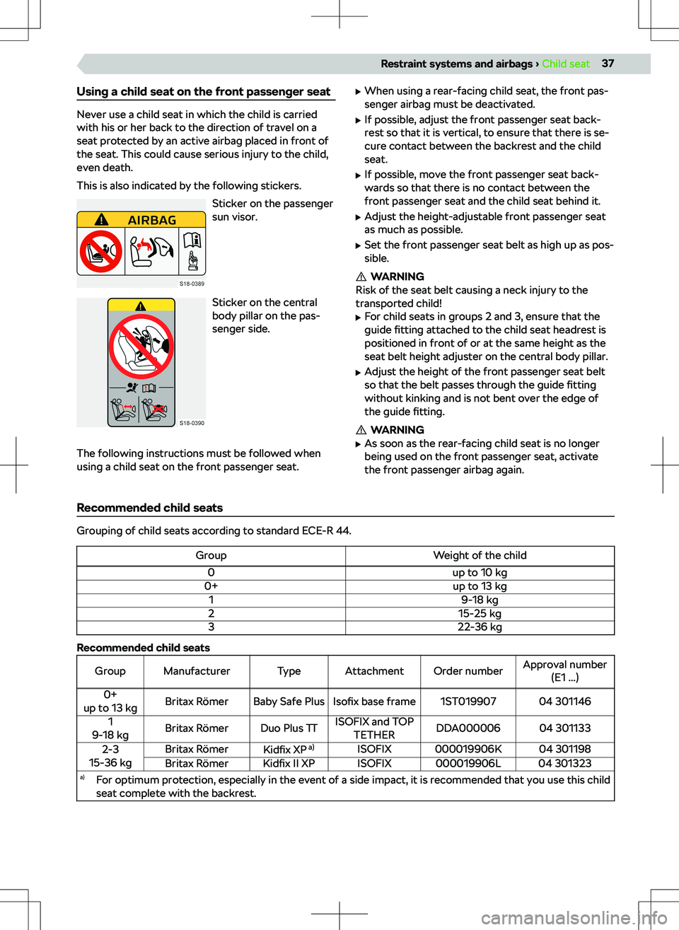 SKODA KAMIQ 2020  Owner´s Manual Using a child seat on the front passenger seat
Never use a child seat in which the child is carriedwith his or her back to the direction of travel on a
seat protected by an active airbag placed in fro