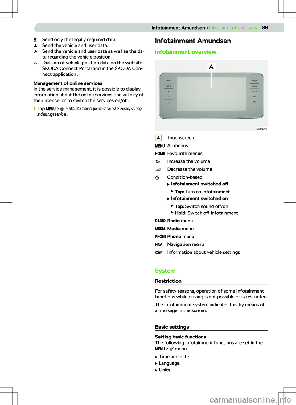 SKODA KAMIQ 2020  Owner´s Manual Send only the legally required data.
Send the vehicle and user data.
Send the vehicle and user data as well as the da-
ta regarding the vehicle position.
Division of vehicle position data on the websi