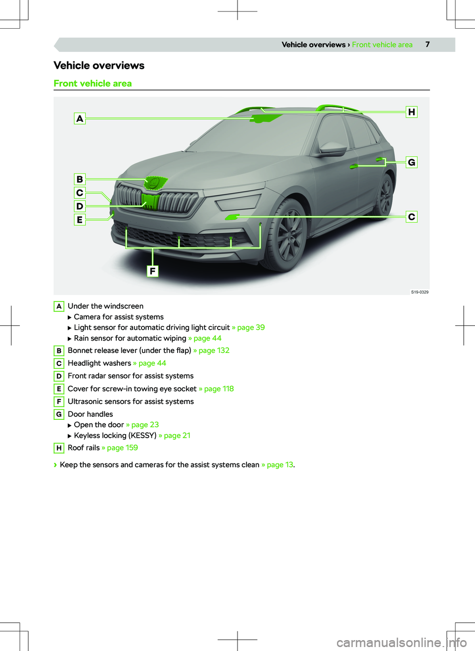SKODA KAMIQ 2019  Owner´s Manual Vehicle overviewsFront vehicle areaAUnder the windscreen 