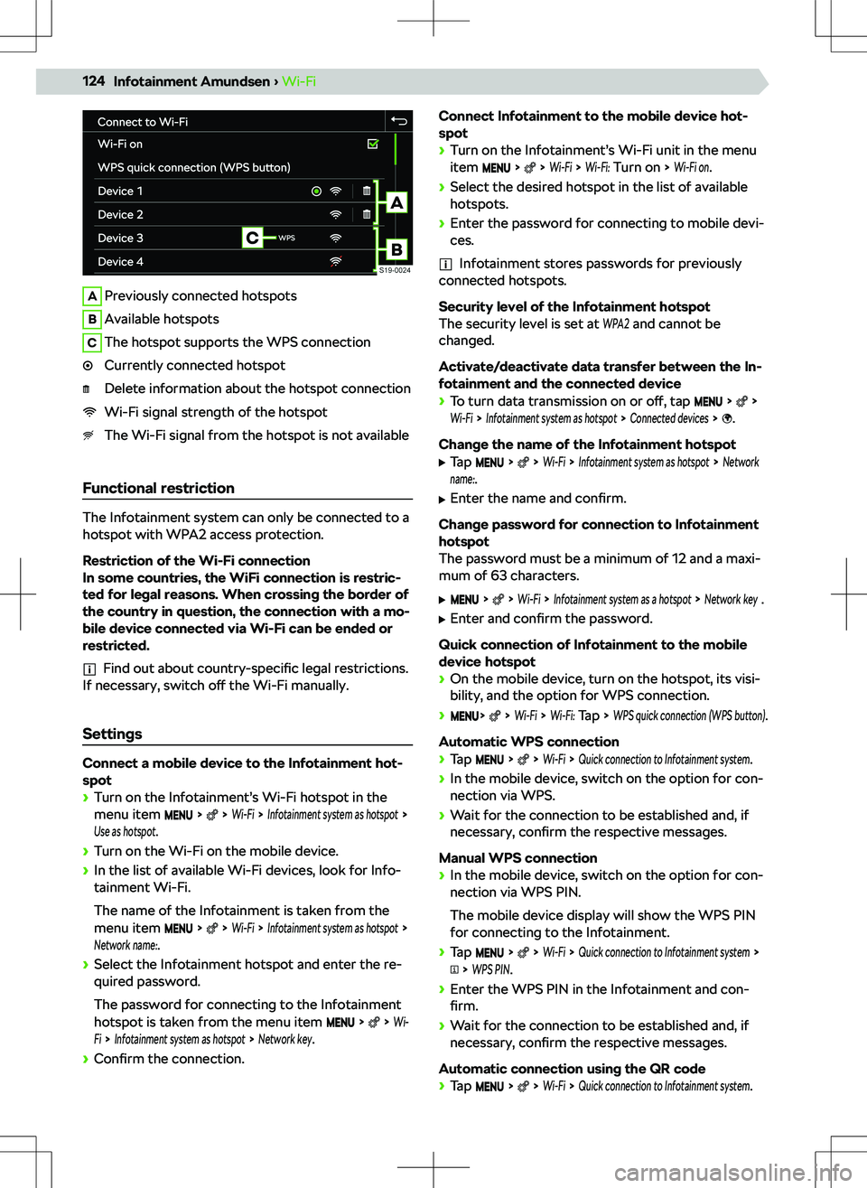 SKODA KODIAQ 2021  Owner´s Manual APreviously connected hotspotsBAvailable hotspotsCThe hotspot supports the WPS connectionCurrently connected hotspotDelete information about the hotspot connectionWi-Fi signal strength of the hotspotT
