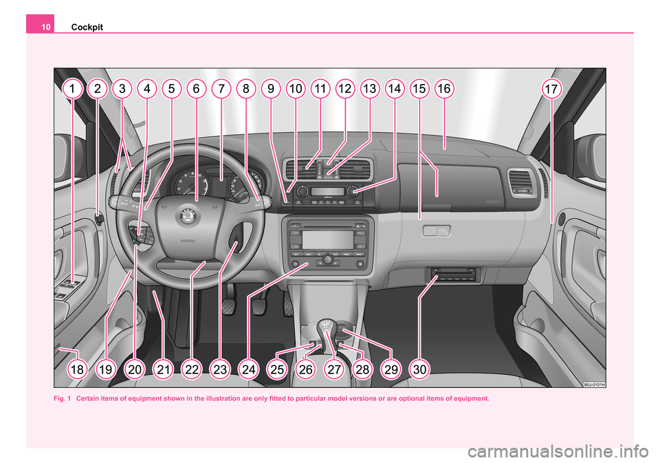 SKODA ROOMSTER 2006 1.G Owners Manual 
Cockpit
10
Fig. 1  Certain items of equipment shown in the illustration are only fitted to particular model versions or are optional items  of equipment.
NKO 20 A05.book  Page 10  Wednesday, June 21,
