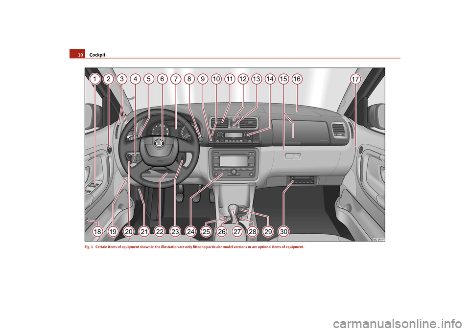 SKODA ROOMSTER 2009 1.G Owners Manual Cockpit 10Fig. 1  Certain items of equipment shown in the illustration are only fitted to particular model versions or are optional items of equipment.s29g.4.book  Page 10  Wednesday, June 17, 2009  9