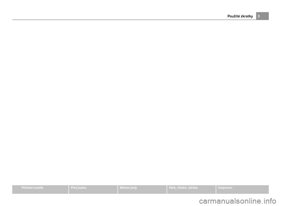 SKODA CITIGO 2011 1.G Owners Manual 3
Použité zkratky Přehled vozidla Před jízdou Během jízdy Péče, čištění, údržba Svépomoc 